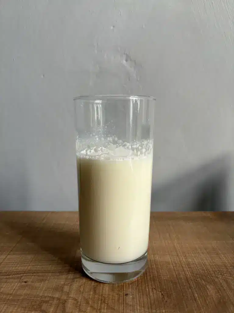 Zubereiteter Whey Protein Drink mit Wasser und Gabel vermischt in einem Glas