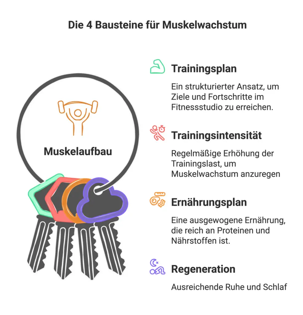 Visualisierung der 4 wichtigen Bausteine für den Muskelaufbau. Trainingsplan, Trainingsintensität, Ernährung und Regeneration