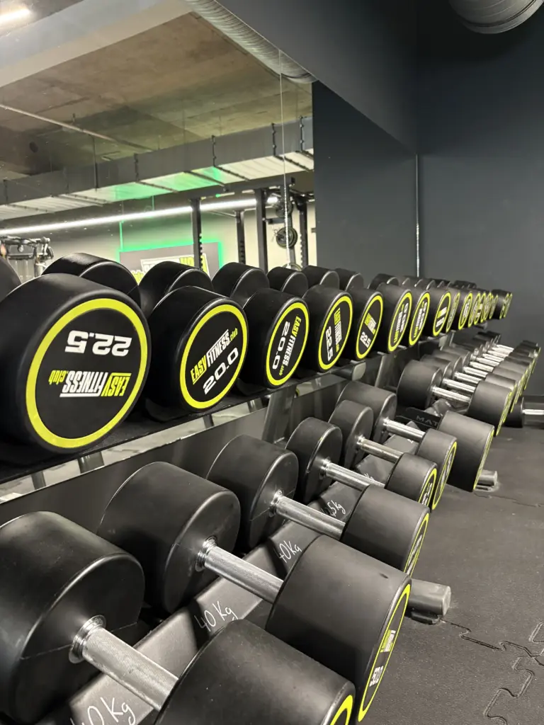 eine große Auswahl an Kurzhanteln liegen auf einem Ständer in einem Fitnessstudio
