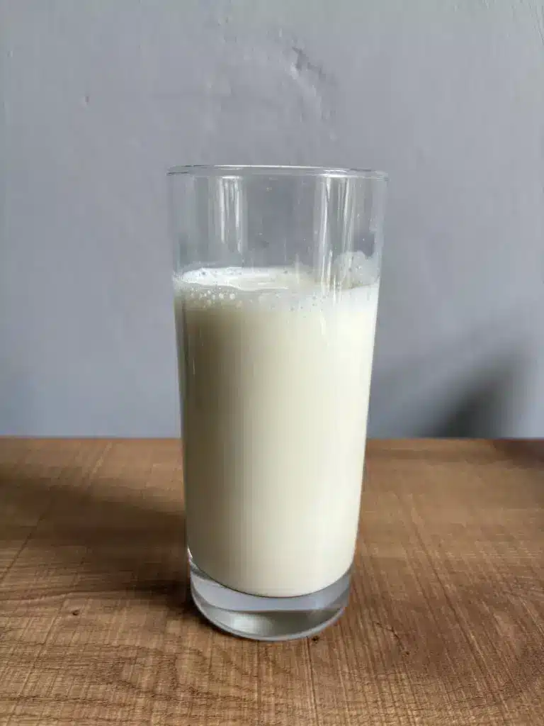 GymBeam Just Whey mit Vollmilch und einem Shaker zubereitet in einem Glas