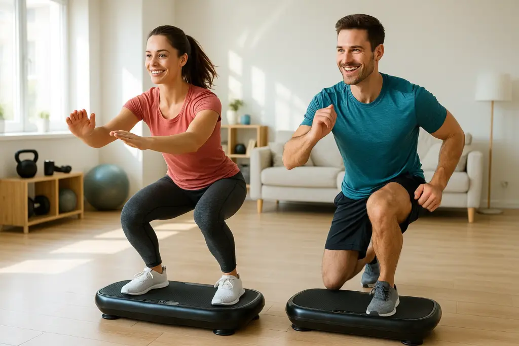 Frau und Mann trainieren auf Vibrationsplatten im Home-Gym, Muskelaufbau und Fitness im Fokus.